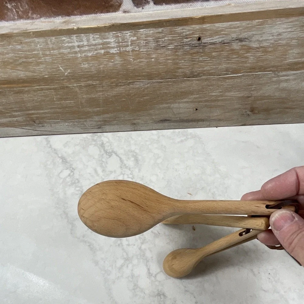 Wood Measuring Spoons Set 4-Piece Brown Round w/ Handles Measurement Markings